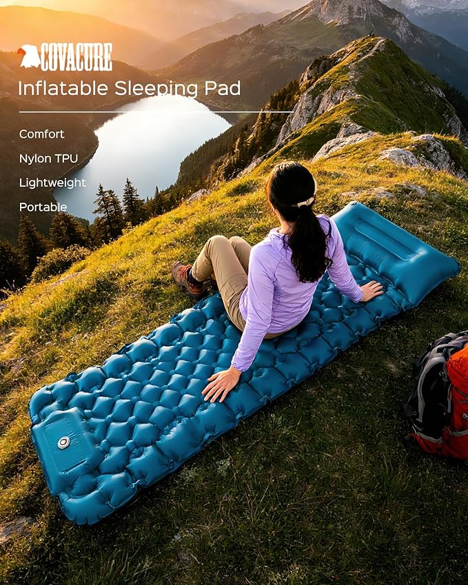 covacure Sleeping Pad for Camping - Ultralight Self-Inflating Camping Pad Mat with Built-in Foot Pump Durable &amp Waterproof Air Mattress for Hiking