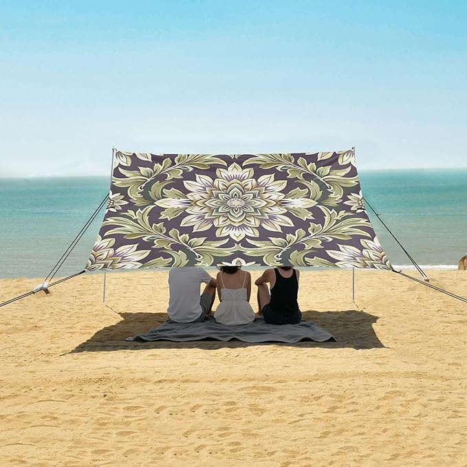 Olive Green Floral Beach Tent Sun Shelter 9.2' x 10.5' Beach Canopy with 4 Sandbags 4 Stability Poles Sand Shovels - Tent Canopy for Beach Camping Fishing Picnics