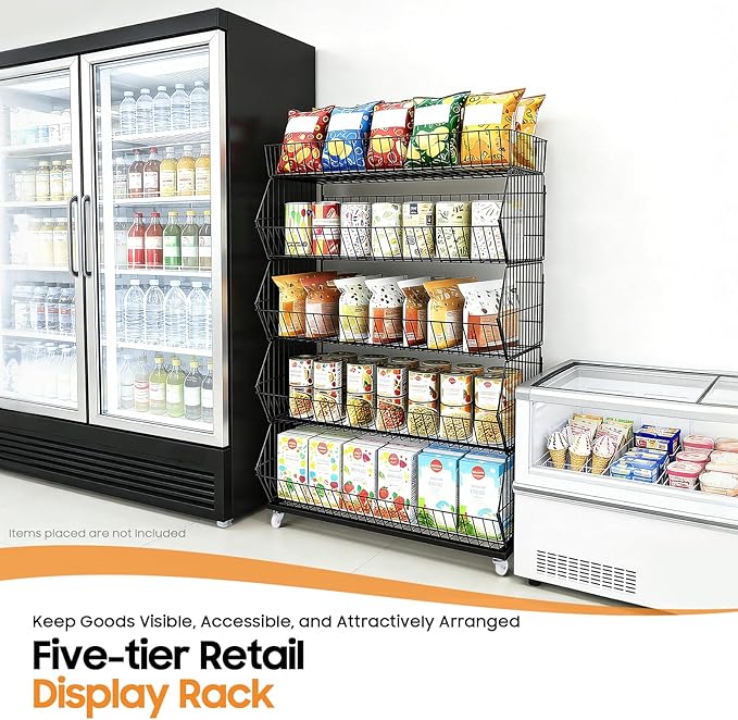 5 Tier Retail Display Rack Snack Organizer Stand with Wheels Candy Potato Chip Metal Wire Display Shelf CartSnack Rack for Supermarket and Home Kitchen Black