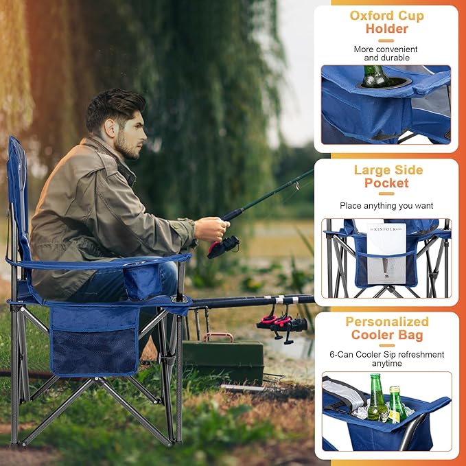 Romswi Oversized Camping ChairsHeavy Duty Support 500 LBSPadded Back &amp Arm Sport Chairs Cup Holder Cooler Bag Collapsible Folding Chairs for Outdoor Fishing &amp Garden Blue2-Pack