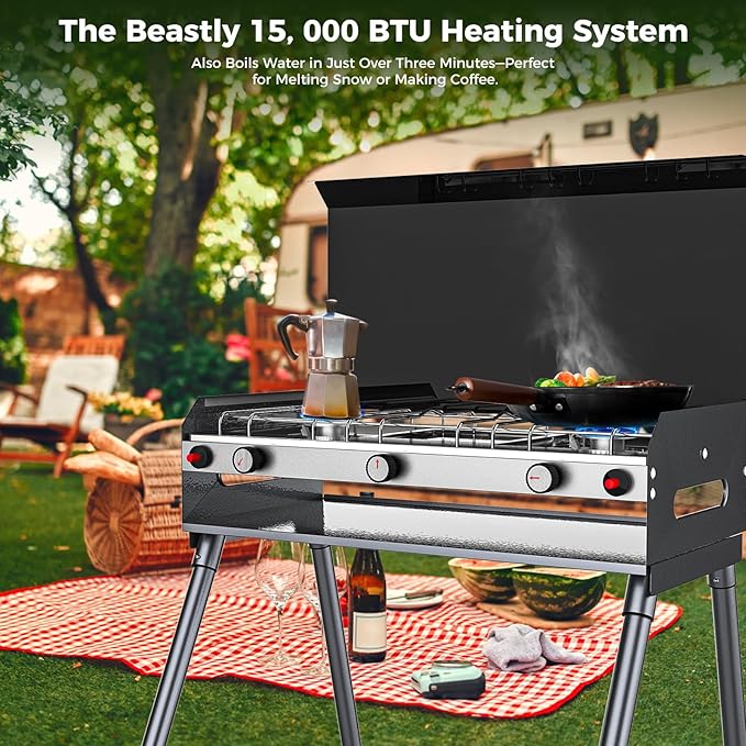 CAMPLUX 2 Burners &amp 1 Grill Propane Camping Stove 15000 BTU Portable Outdoor Propane Camping Grill Burner with Free Standing Legs Auto-Ignition Gas Stove with Regulator Black