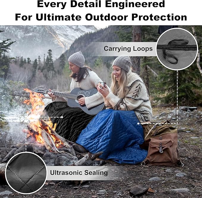 Waterproof Outdoor Blanket 92”X 60” Packable Stadium Blankets for Camping with Quilted Fleece Lining Large Windproof Emergency Throw Mat for Garss Picnic Hiking Road Trip Machine Washable Black