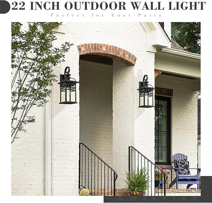 Emliviar Large Black Outdoor Wall Light 22 Inch Farmhouse Outdoor Lights for House Die-cast Aluminum with Seeded Glass Shade DE281B-M BK