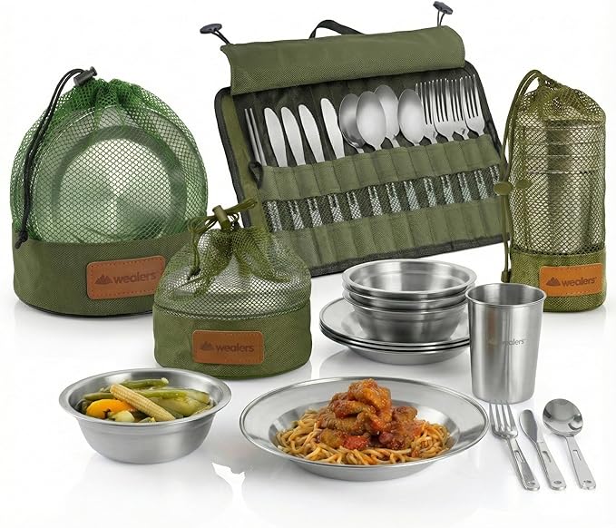 Wealers Unique Complete Messware Kit Polished Stainless Steel Dishes Set| Tableware| Dinnerware| Camping| Buffet| Includes - Cups | Plates| Bowls| Cutlery| Comes in Mesh Bags (4 Person Set)