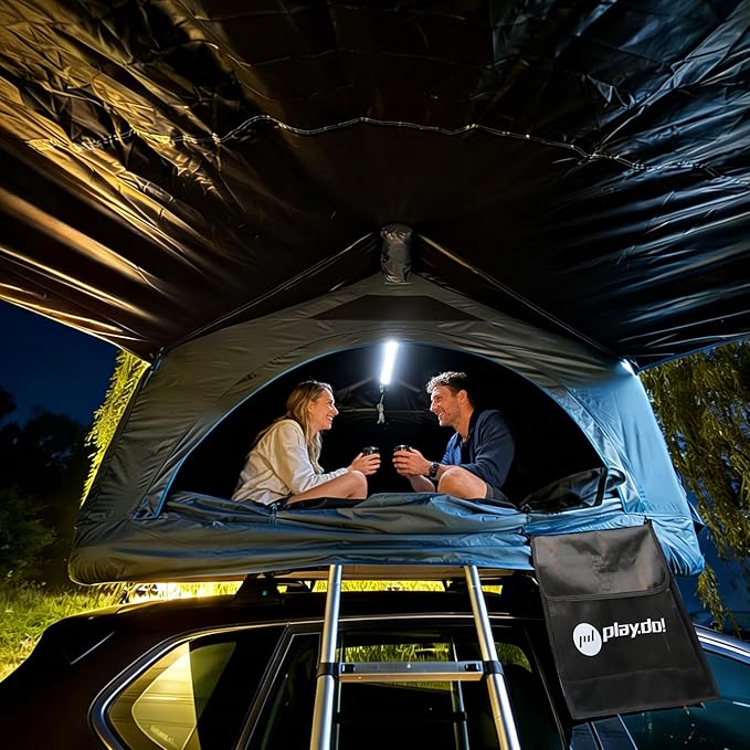 PlayDo Air Tents for Camping Rooftop Tent Easy Setup Inflatable Roof Tent Blow Up Car Top Tent for Pickup Truck SUV with Strip Light Ladder Air Mattress