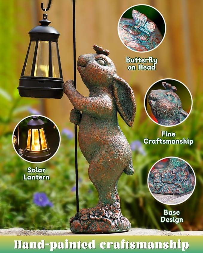 Garden Statues Outdoor Bunny with Solar Lantern – Rabbit Yard Decor Waterproof Resin Figurine Pathway Light for Lawn &amp Patio