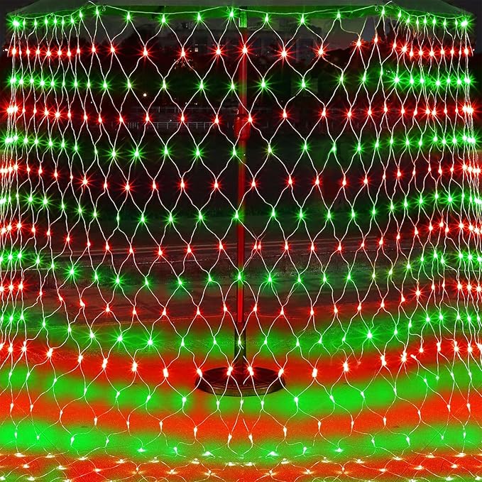 WATERGLIDE Outdoor Christmas Net Lights 12FT x 5FT 360 LED Mesh String Light with 8 Lighting Mode Connectable Waterproof Lights for Garden Tree Bushes Holiday Wedding Party Decoration Red &amp Gr