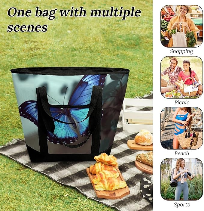Insulated Shopping BagLarge Reusable Cooler Bags Blue Butterfly Printed Foldable Shopping BagTravel Waterproof Shoulder Bag