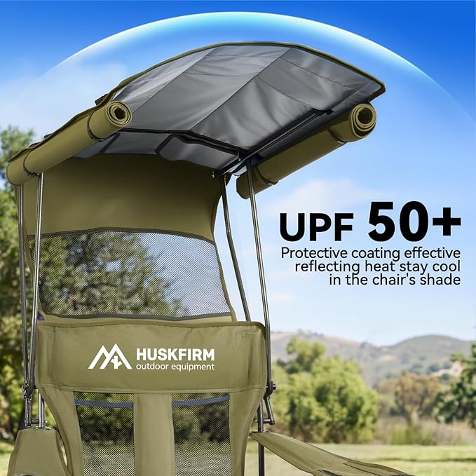 Camping Chair with Canopy Shade - Folding Beach Chair with UPF 50+ Sun Shade Cup Holder Side Pocket Portable Sports Chair for Adults Support 330 LBS Fishing Camp Outdoor Lawn Chair Green