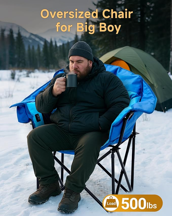 Slsy Oversized Heated Massage Camping Chair with Armrests Portable Padded Folding Chair Heavy-Duty 500 lbs Support for Camping Tailgating &amp Outdoor Relaxation (Marine Blue)