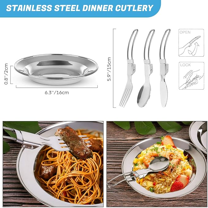 Odoland 16pcs Camping Cookware Mess Kit with Folding Camping Stove Non-Stick Lightweight Pots Pan Set with Stainless Steel Cups Plates Forks Knives Spoons for Camping Backpacking Outdoor Cooking