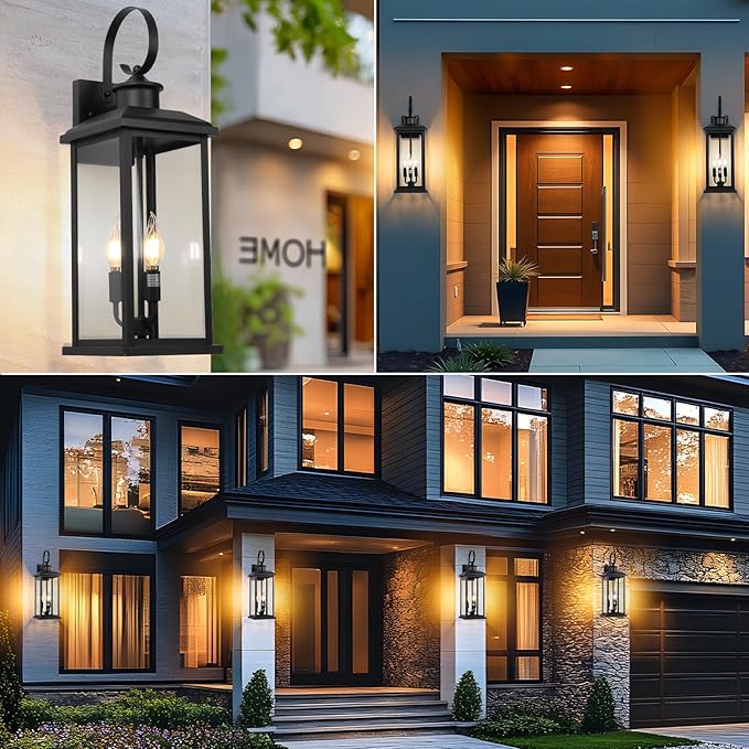 Large Outdoor Wall Light Fixture: 24in Black 3-Light Modern Porch Lantern Waterproof Exterior Lighting Sconce Wall Mount Outside Lamp for House Garage E12 Base