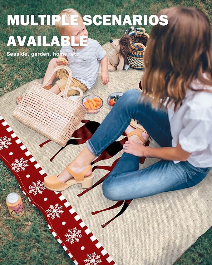Beach Blanket Waterproof Sandproof Merry Christmas Elk Red Buffalo Plaid Quick Drying Beach Mat with 4 Stakes Winter Snowflake Cute Animal Lightweight Picnic Blanket for Travel Camping 83x79