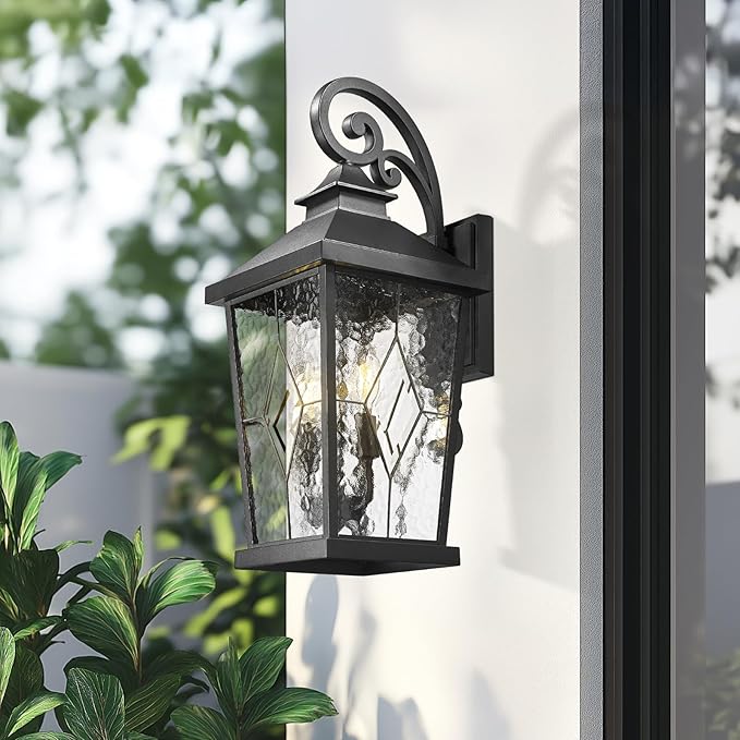 Emliviar 22.4 Large Outdoor Wall Light Matte Black Exterior Lighting Fixtures with Water Glass Shade Outside Wall Lantern with E12 Bulb Base WE301BM-SD BK
