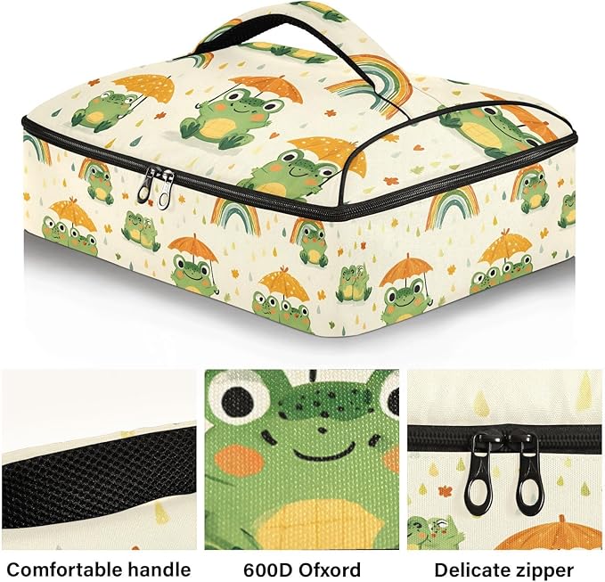 Casserole Carrier Adorable Frogs Holding UmbrellaInsulated Casserole Carrier for Hot or Cold Food Thermal Lunch Tote for Potluck Parties Picnic Beach Fits 9 x 13 Inches Baking Dish