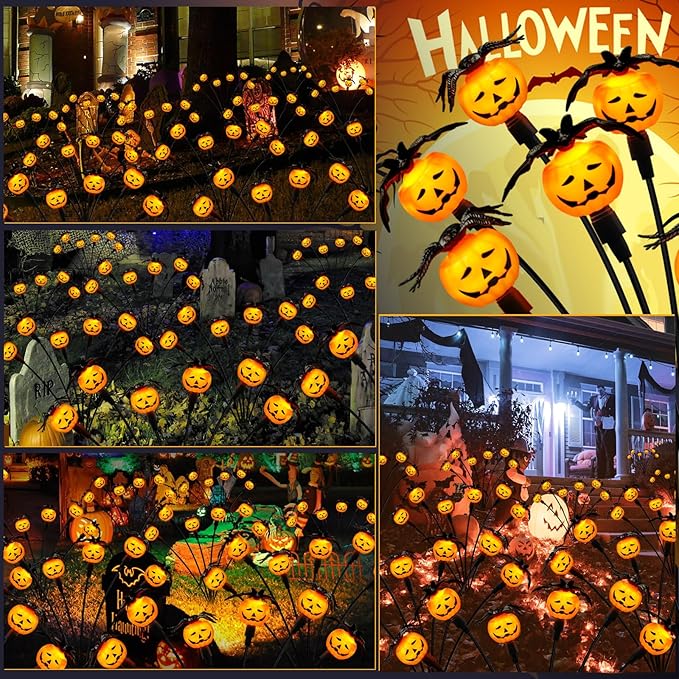 Halloween Decorations Outdoor 4 Pack Solar Lights 24 LED Scary Pumpkin Swaying Firefly Lights with Spider &amp Bats for Outside Garden Yard Lawn Grave Cemetery Ghost Decor Party Orange