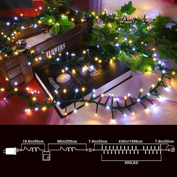 LAMPHOME 500 LED String Lights - Outdoor/Indoor Plug-in Twinkle Fairy Lights 46ft 500LED Warm White &amp White