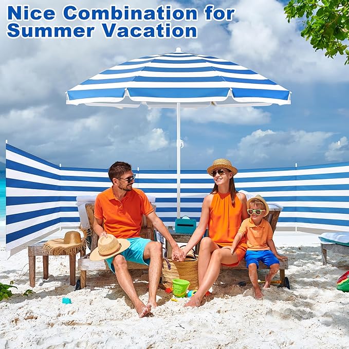 Sliner 20ft Beach Wind Screen with 5.5ft Beach Umbrella Set UV 50+ Wind Blocker Fence for Sand Outdoor Portable Windscreen Sunbathing Privacy Screen Includes Bag &amp Hammer(Blue and White)