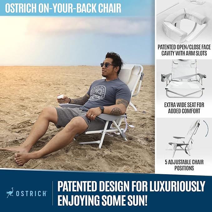 Ostrich Deluxe On Your Back Backpack Beach Chair with Face Hole - Portable Lounge Chair - Heavy Duty Tanning Chair - Face Down Reading (White)