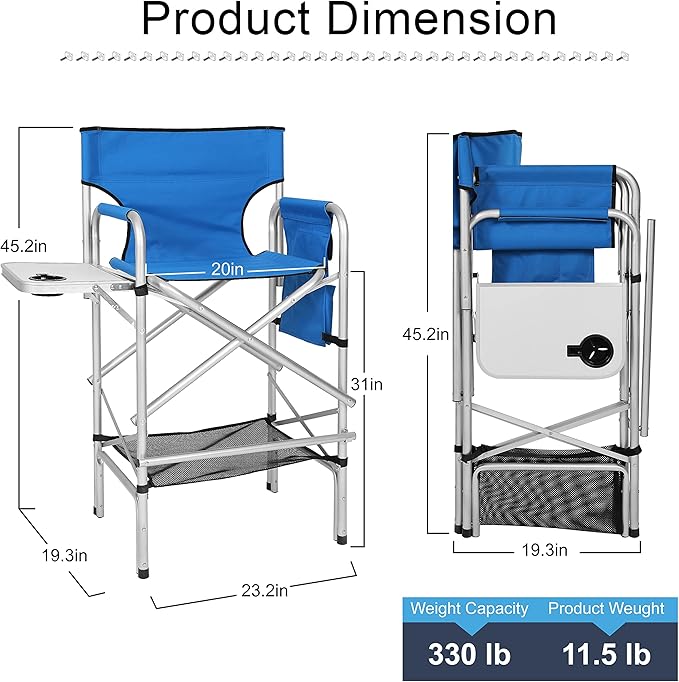 ABCCANOPY Folding Tall Directors Chair Outdoor Camping Chair Makeup Artist Chair with Side Table &amp Pockets Royal Blue