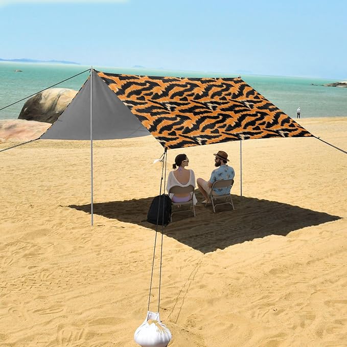 ALAZA Yellow Tiger Print Beach Tent Sun Shelter UPF50+ Protection Beach Shade Canopy w/ 4 Sandbags for Outdoor Camping Fishing Backyard Fun Picnic 10x9 ft