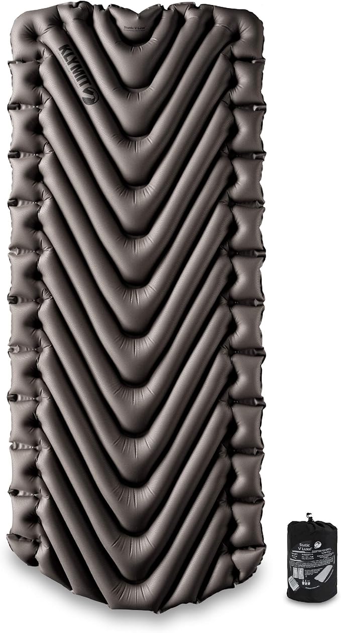 Klymit Static V Luxe Sleeping Pad Lightweight Lofted Camping Air Mattress for Tents and Cars with Body Mapping Tech 3 In Thick Grey