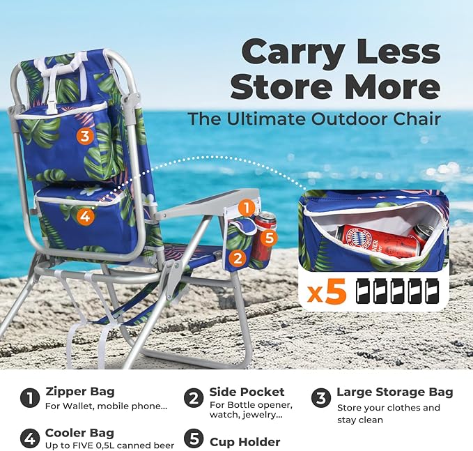 Tall Beach Chairs for Adults – 5-Position Reclining Backpack Chair with Large Insulated Cooler &amp Storage Pocket Portable Beach Chair for Travel &amp Outdoor Supports 300lbsTropical Palm 2 Pac