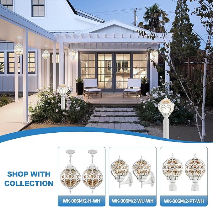 Globe Outdoor Pendant Lights White Aluminum Waterproof Hanging Light Fixture for Porch Entryway Hallway Vintage Round Exterior Chandelier Outside Pendant Lamp with Amber Glass 2 Pack