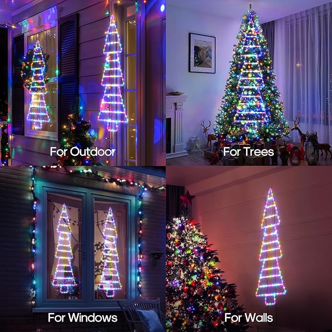 4.6FT LED Christmas Tree Ladder Lights with Remote Plug-in Christmas Window Lights IP65 Waterproof Timer 8 Lighting Modes Window Hanging Light for Indoor Outdoor Wall Door Garden