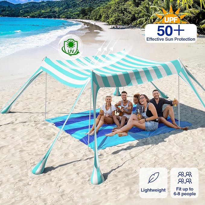 Rhino Valley Beach Tent Shade Canopy UPF50+ Protection 8 Sandbags 4 Stability Poles Outdoor Sun Shelter Umbrella for Sand Camping Fishing Essentials