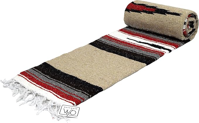 Open Road Goods Tan/Khaki Mexican Yoga Blanket - Thick Diamond Serape with Orange and Brown Stripes