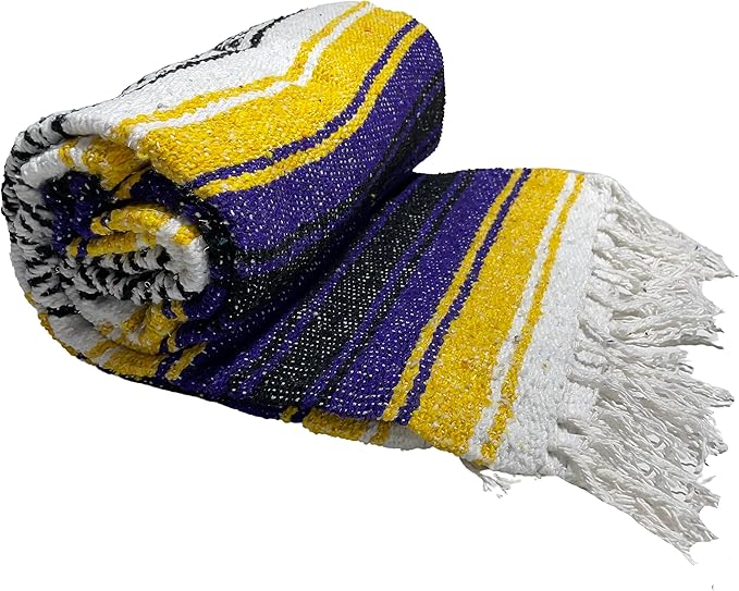 Genuine Oversized Artisan Mexican Falsa Yellow Purple Blanket (72inx48in) -Authentic Handcrafted Yoga Blanket Beach Throw Camping Essential Picnic Mat or Outdoor Wrap