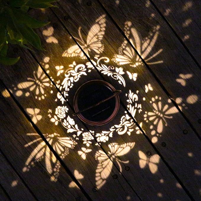 2 Pack Solar Butterfly Lanterns Outdoor Hanging Decor LanternWaterproof Hollow Out Retro Metal Decorative Garden LightGraceful Decoration for PatioYardLandscapeFestival