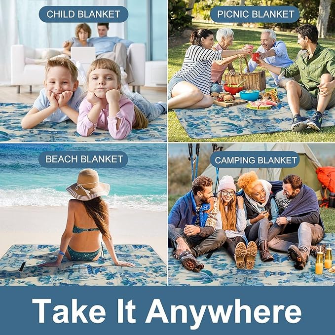 Chinese Style Powder Chinoiserie Blue and White Waterproof Outdoor Picnic Blanket Sandproof Beach Mat for Camping Hiking Grass Travelling