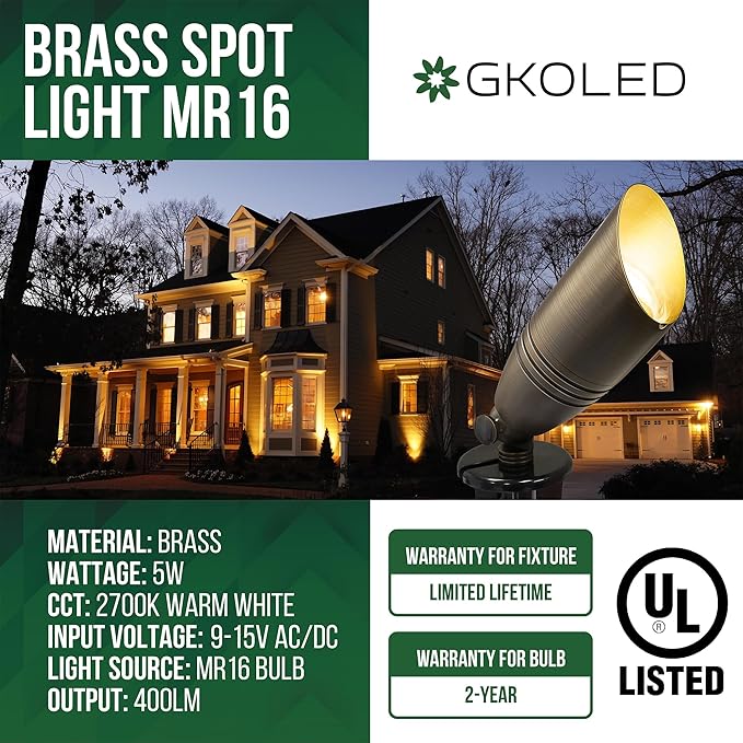 GKOLED UL Listed Solid Brass Landscape Spotlight Low Voltage Outdoor Directional Uplight with 5W MR16 LED Bulb &amp Large Rugged Slot Spike 12V AC/DC Garden Patio Spot Up Light (Pack of 3)