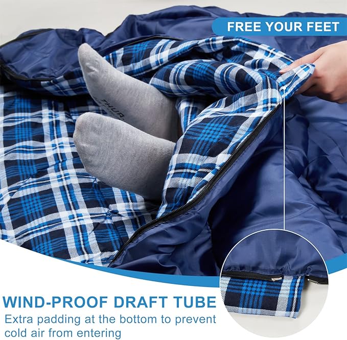 AGEMORE Cotton Flannel Double Sleeping Bag for Camping Backpacking Or Hiking. Queen Size 2 Person Waterproof Sleeping Bag for Adults Or Teens. Lightweight with Compression Sack