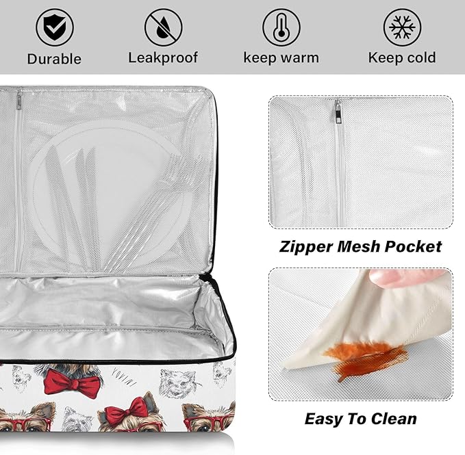 Casserole Carrier Red Glasses and Bow DogInsulated Casserole Carrier for Hot or Cold Food Thermal Lunch Tote for Potluck Parties Picnic Beach Fits 9 x 13 Inches Baking Dish