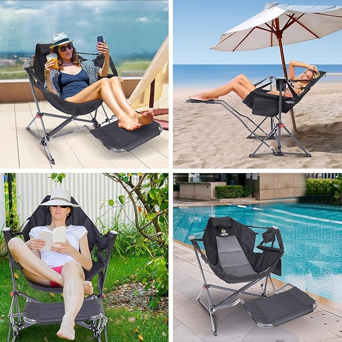 Nice C Hammock Camping Chair Camping Chair Rocker Swinging Chair High Back with Stand Cup Holder Side Pocket Heavy Duty (2 Black w/footrest)