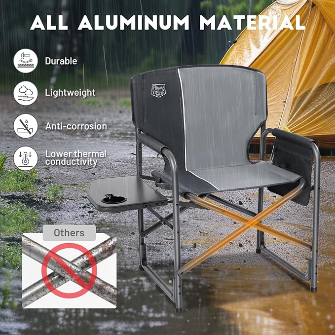 TIMBER RIDGE Aluminum Oversized Camping Chair Lightweight Portable Directors Chair with Side Table Detachable Side Pocket for Outdoor Camping Lawn Picnic Support 400lbs Grey 2 Pack
