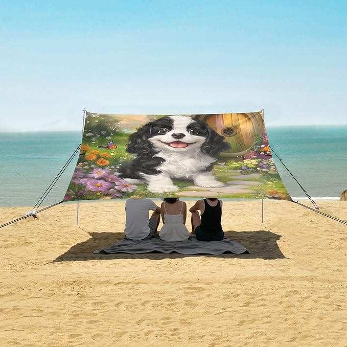 ALAZA Charles Cavalier Dog Puppy Beach Tent Sun Shelter UPF50+ Protection Beach Shade Canopy w/ 4 Sandbags for Outdoor Camping Fishing Backyard Fun Picnic 10x9 ft