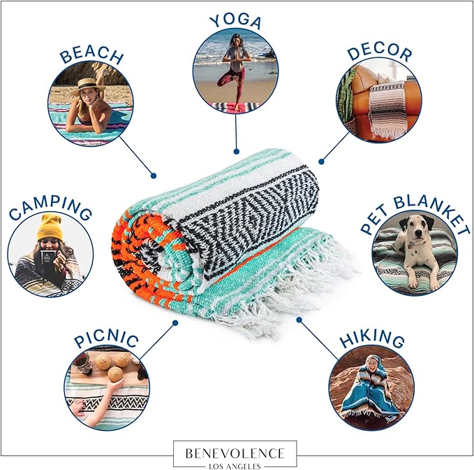 Benevolence LA Authentic Handwoven Mexican Blanket | Yoga Blankets Outdoor Picnic Beach Camping | Equestrian Saddle | Serape 50x70 inches - Bright Mandarin Pack of 1