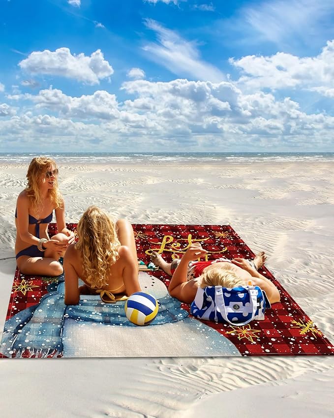 Beach Blanket Waterproof Sandproof Christmas Snowman Snow Quote Quick Drying Beach Mat with 4 Stakes Red Black Buffalo Plaid Lightweight Picnic Blanket for Travel Camping Outdoor 108x84