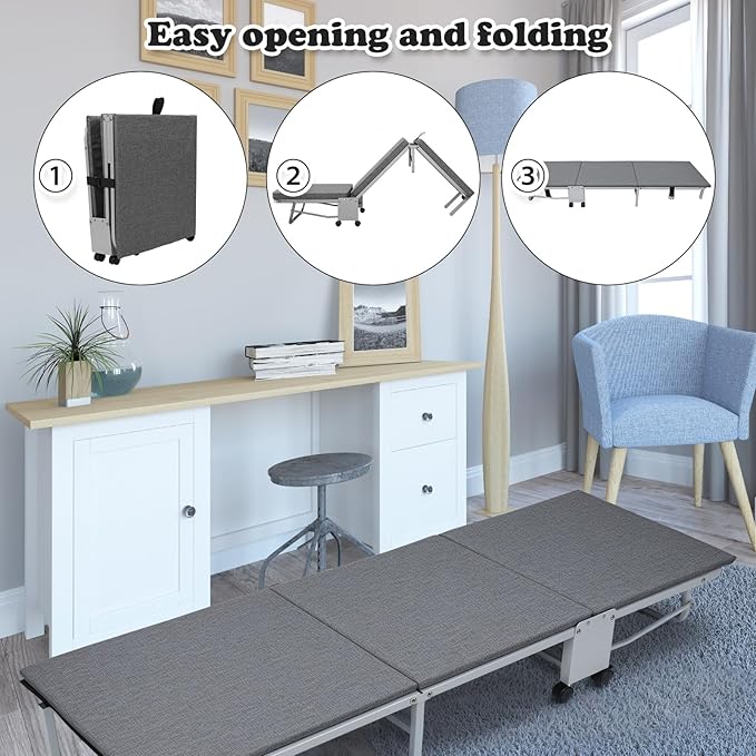 Glamping Cot with Sleeping Pad Folding Bed with Wheels Folding Steel Cot with Thick Mattress Pad for Comfortable Sleeping Deluxe for Big &amp Tall Adults Grey