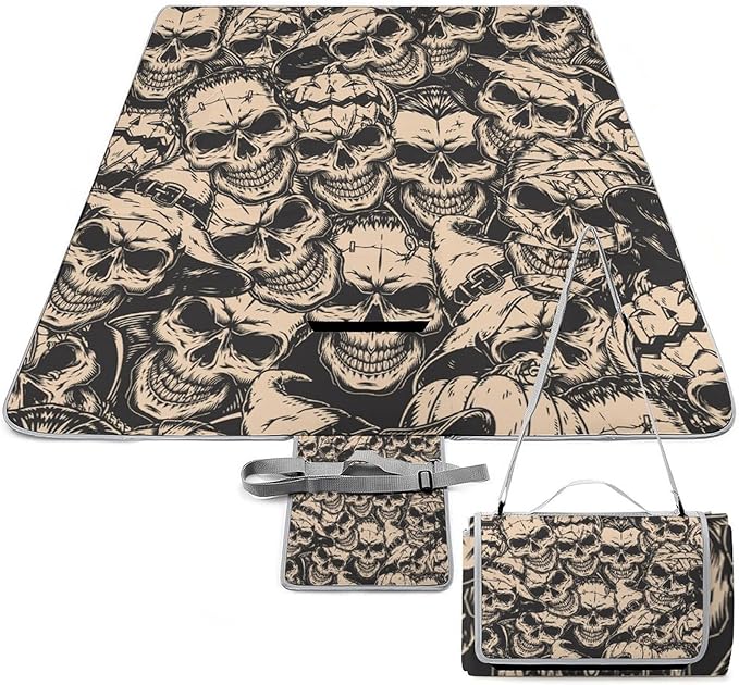 Black and White Gothic Skull Damask Pattern Waterproof Outdoor Picnic Blanket Sandproof Beach Mat for Camping Hiking Grass Travelling