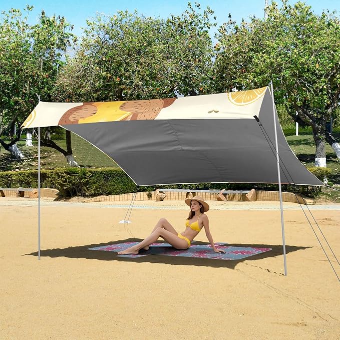 Cute Cartoon Bear Holding Lemon Camping Sun Shelter Beach Tent Portable Beach Sun Shade Outdoor Canopy for Camping Trips Fishing Picnic