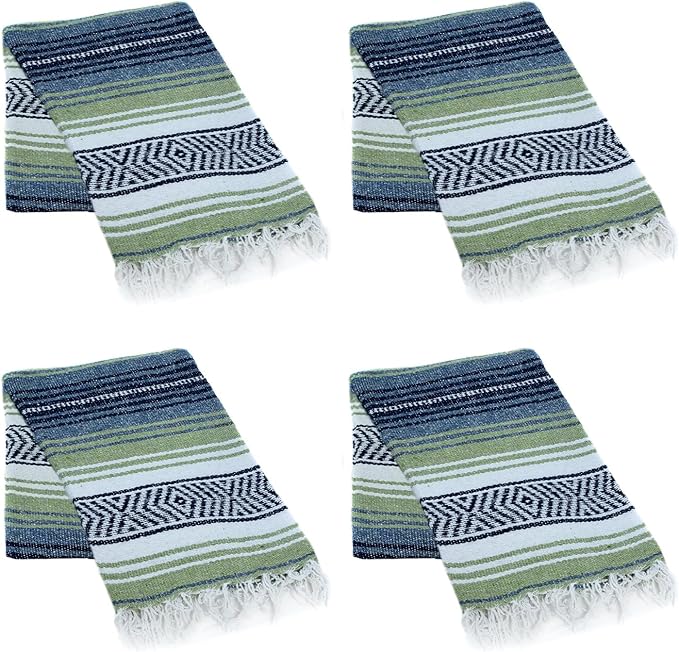 La Montana Mexican Blankets and Throws 4 Pack 74x50 - Made in Mexico Lightweight Yoga Blanket for Schools Studios Outdoors Camping Picnic Decor - Washable Light Olive/Slate Blue/White
