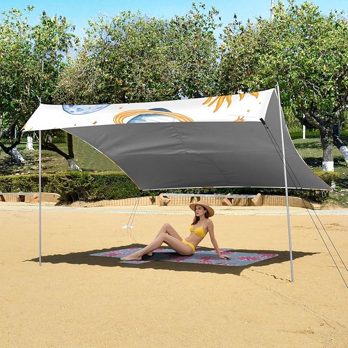 Beach Tent Sun Shelter Hand-Painted Planet Sun Lightweight &amp Easy Setup Beach Shade Canopy for Camping Fishing