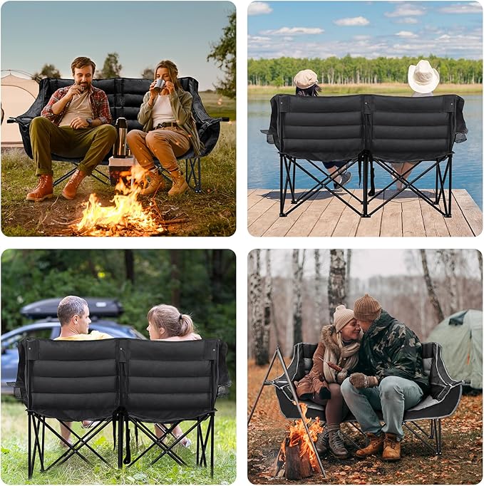 Double Camping Chair for Adults 2 Person Loveseat Camping Chair with Cup &amp Wine Glass Holder Portable Padded Double Folding Chair for Outdoor Camp Lawn Picnic Sports Support 500LBS (BLACK+GREY)