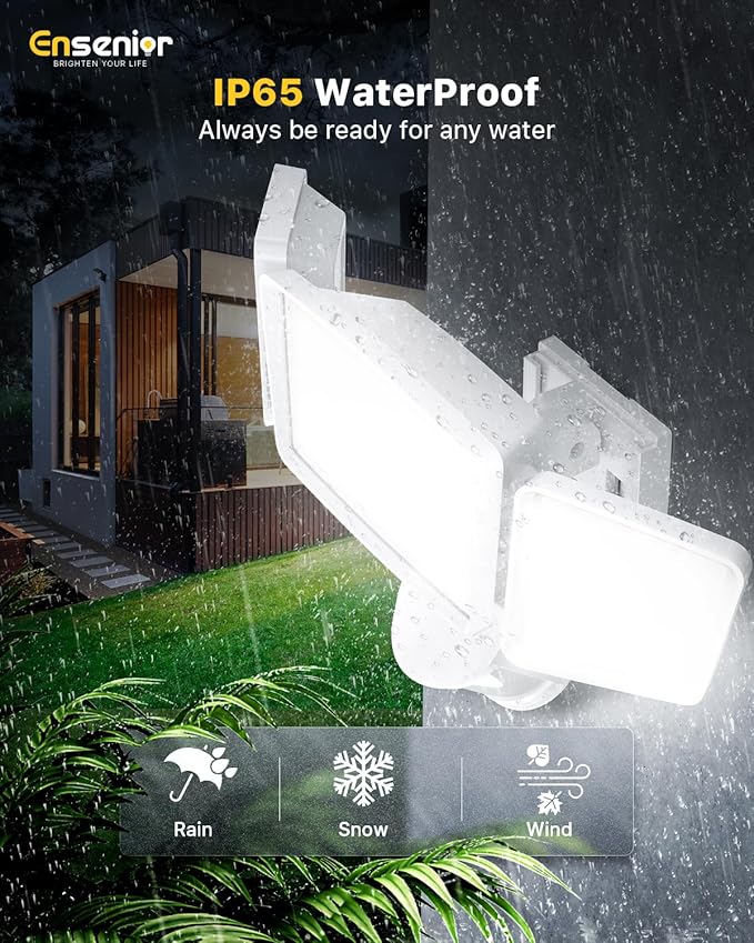 Ensenior Solar Security Lights Wide Beam Flood Light 6500K Super Bright for Driveway Backyard Garden Remote Control Motion Lights Weather-Resistant Exterior Lighting 1800LM Lumen White 2-Pack