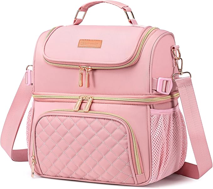 Lunch Bags for Women Dual Compartment Lunch Box Lunch Bag for Work Leakproof Lunch Cooler Large Insulated Lunchbox for Adult for Women Men Lunchbag for Picnic Beach (Pink)